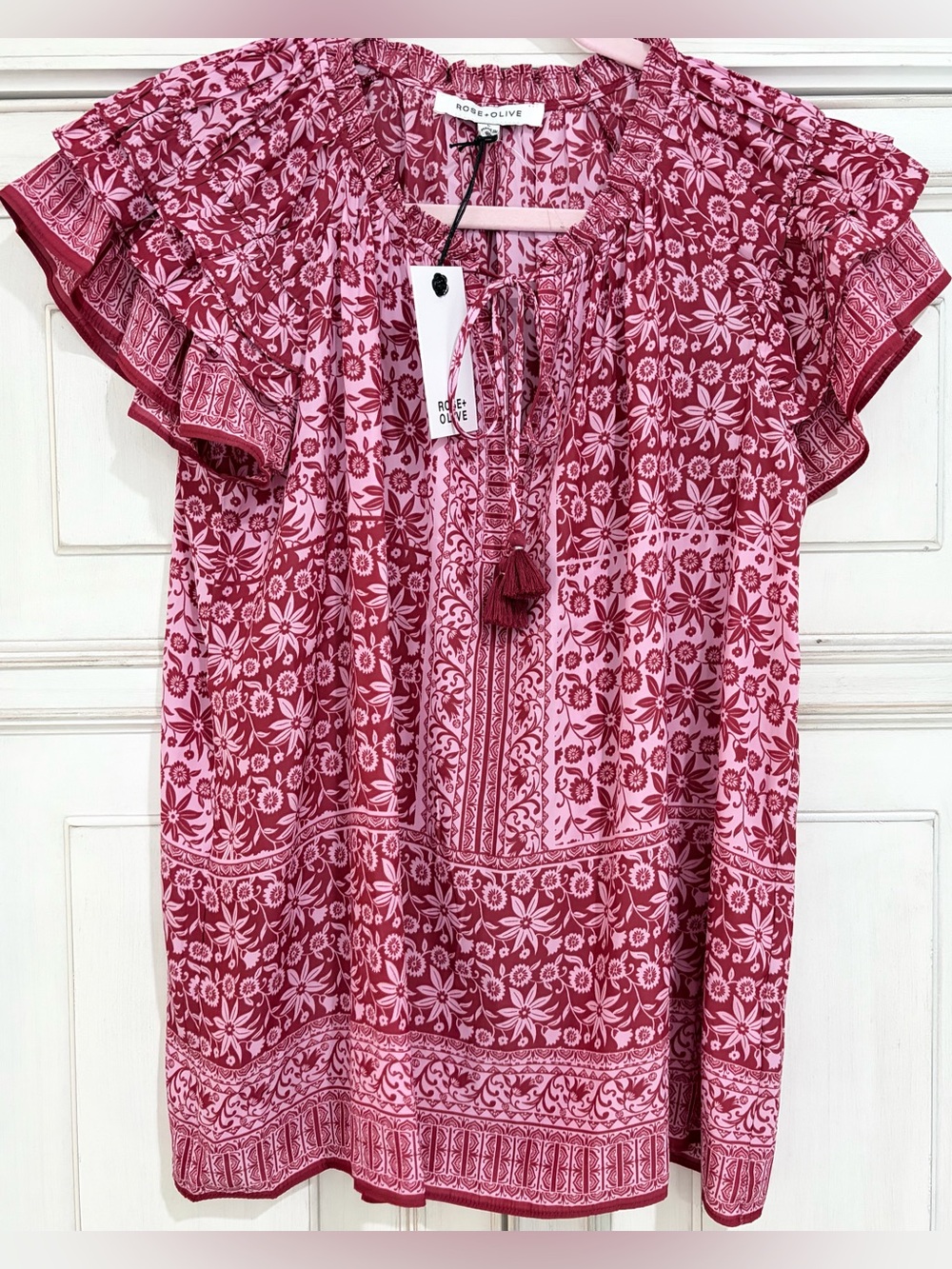 NWT SZ L Rose & Olive Pink and Burgundy Floral Tassel Peasant Blouse